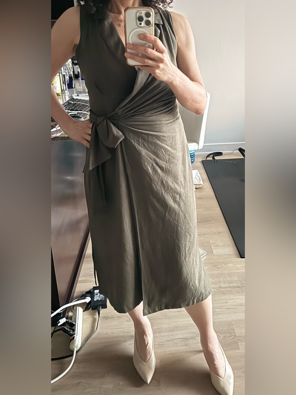 Staple Sleeveless Midi Linen Dress in Dark Olive with Self-Tie Belt